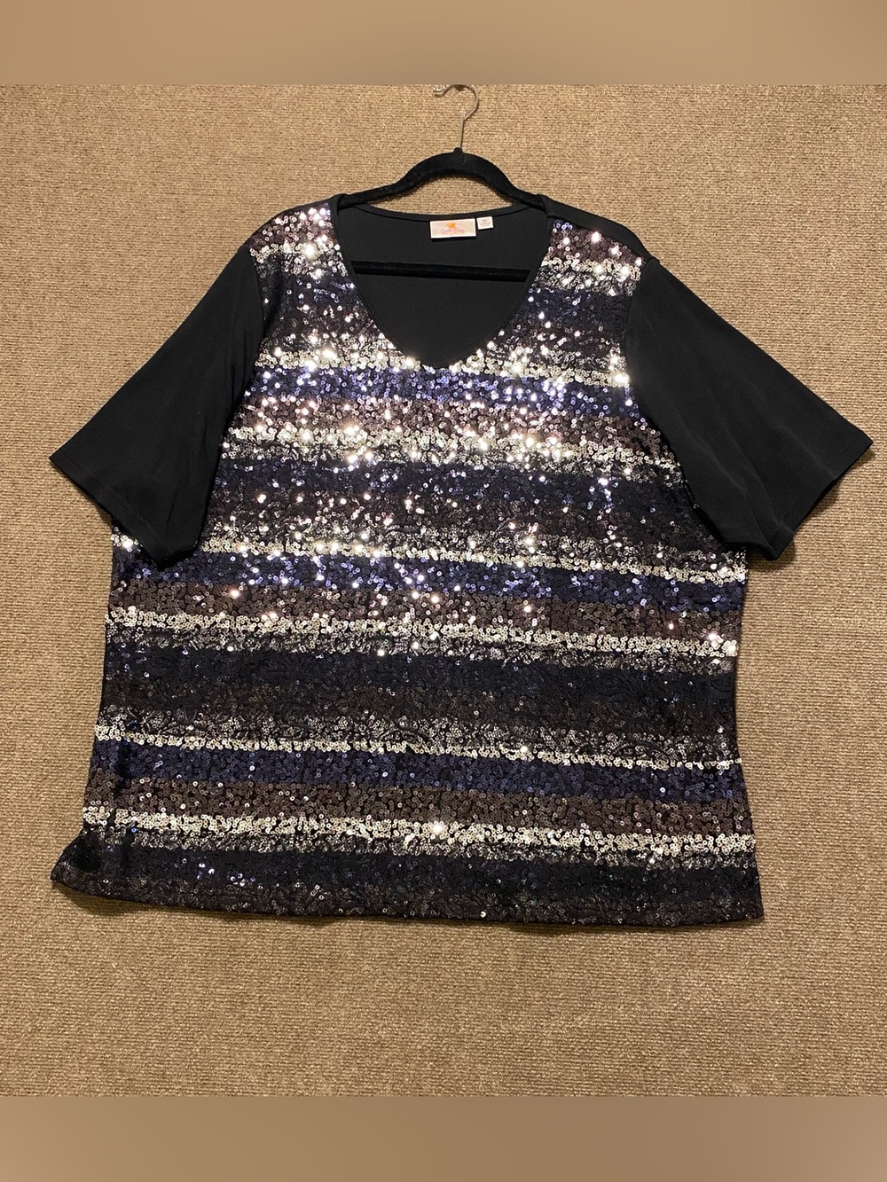 Quacker Factory Black Sequin Stripe V-Neck Short Sleeve Top Plus Size 3X